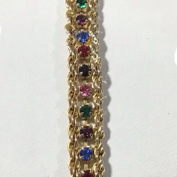 Yechang Rhinestone Bracelet Multicolor Gold Tone Vintage Pink Green Blue Red - Picture 9 of 10